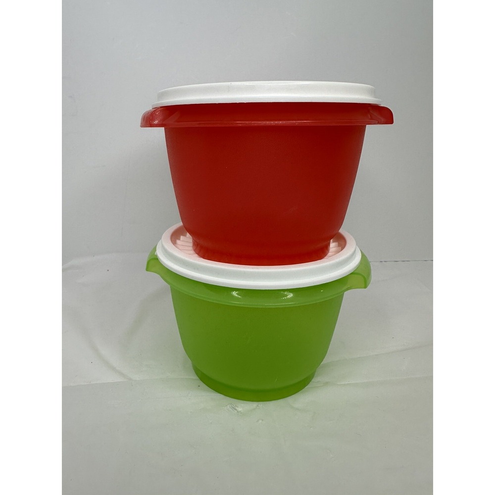 Tupperware Servalier Container 886 w/White Lid 812 Round Red Green Bowl Storage
